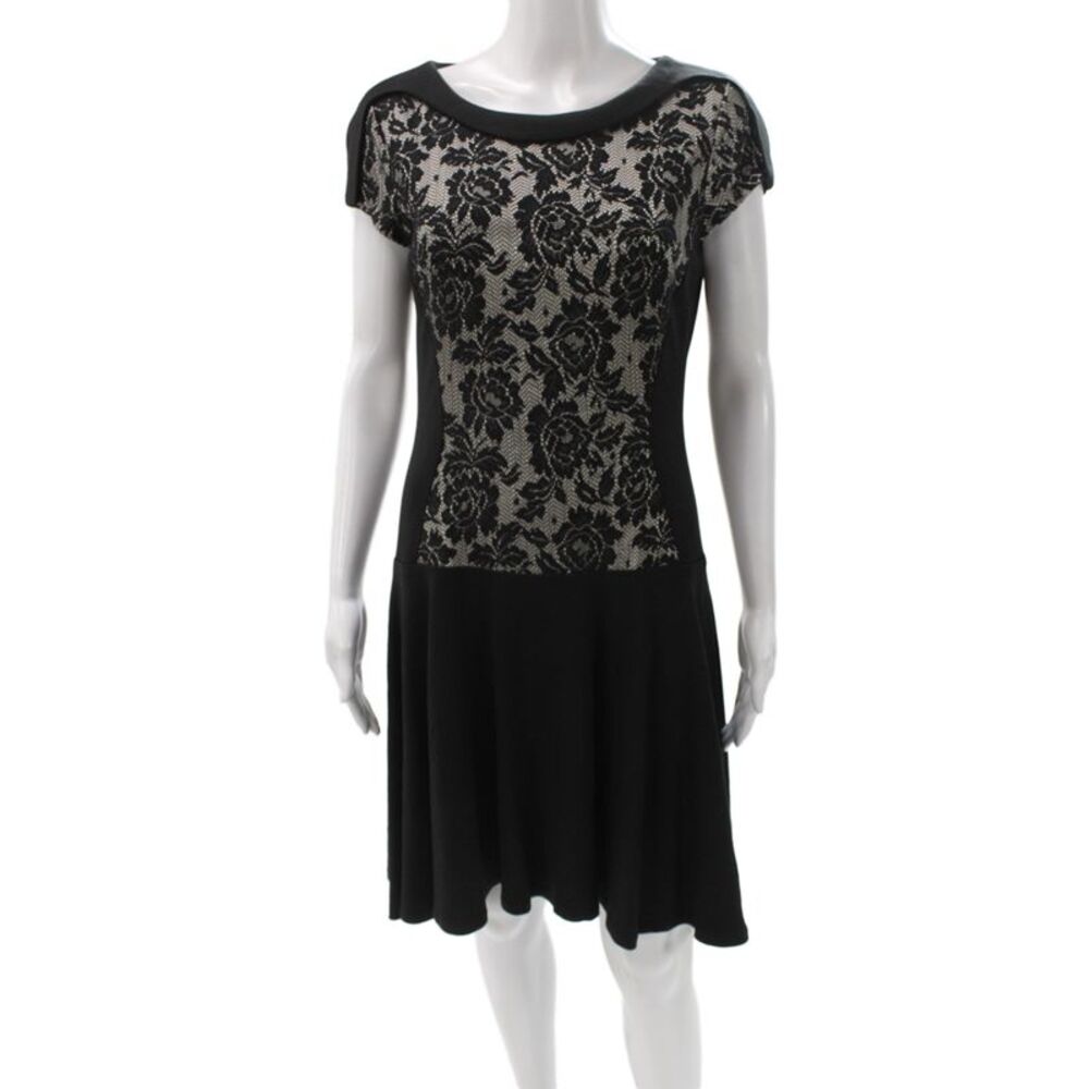 Badgley Mischka Womens Fit & Flare Lace Dress Black Boat Neck Size 8